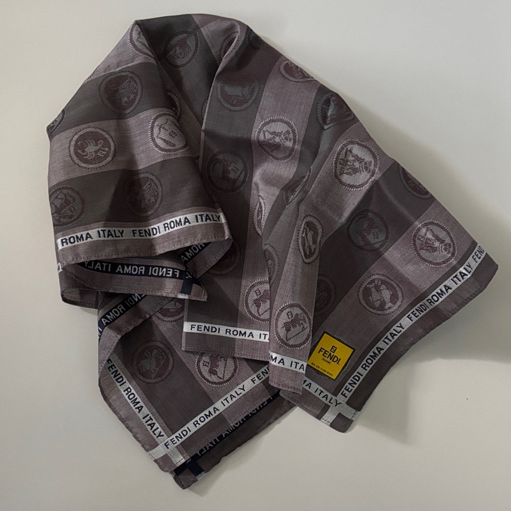 Fendi Roma Italy Zodiac Scarf Handkerchief Pocket Square gray black stripes 18”